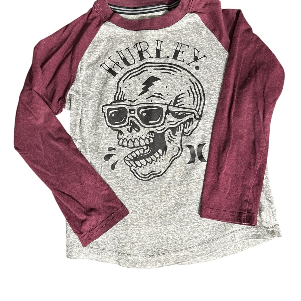 Hurley Long Sleeve Tee with Skull Design - Gray and Burgundy